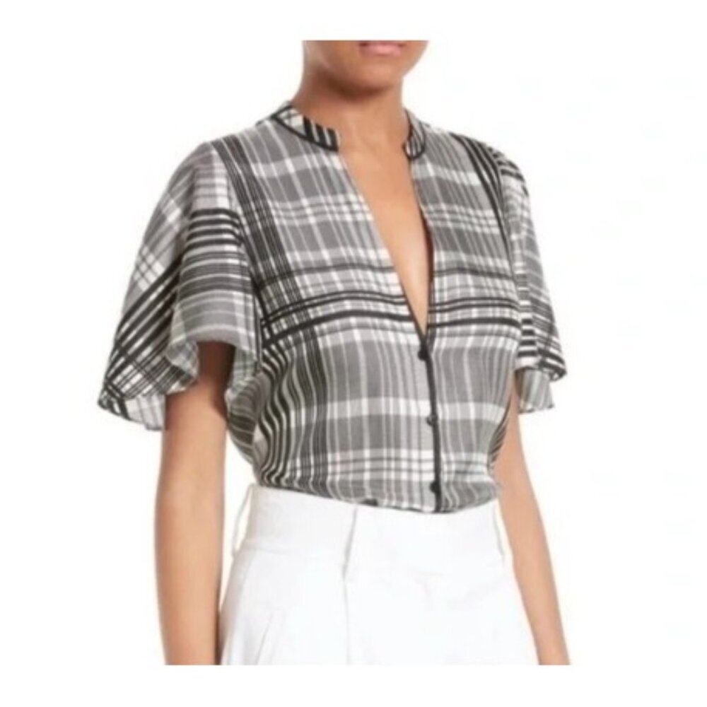 Diane Von Furstenberg Silk Darnley Flutter Sleeve Blouse Sz 10 Black White Plaid